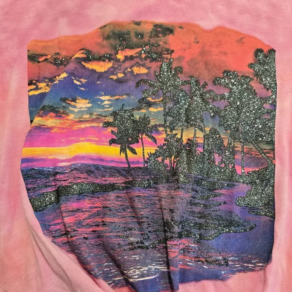 Guess Pink Tie-front Y2K Style Crop Top T-shirt with Beach Graphic Size XL